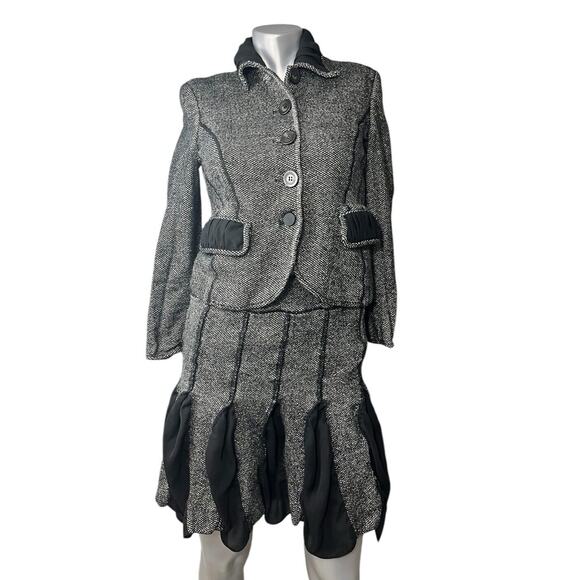 Vtg Louis Feraud Women’s Tweed Skirt Suit Wool Silk 10 Black Quiet Luxury - Picture 1 of 12